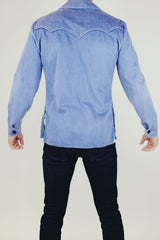 men's vintage denim button up jacket western style with double lapel