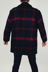 men's vintage long wool pendleton jacket in navy and red plaid print with collar and buttons up front