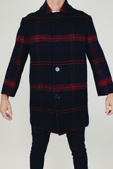 men's vintage long wool pendleton jacket in navy and red plaid print with collar and buttons up front
