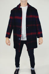 men's vintage long wool pendleton jacket in navy and red plaid print with collar and buttons up front