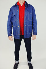 vintage wrangler men's blue denim chore jacket with blanket liner buttons up the front with corduroy collar