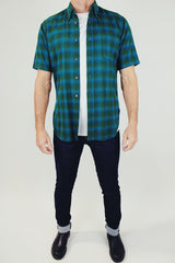 short sleeve men's vintage wool pendleton plaid button up in green