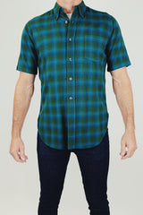 short sleeve men's vintage wool pendleton plaid button up in green