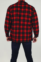 long sleeve vintage men's tartan button up wool pendleton blazer jacket in red and black plaid
