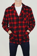long sleeve vintage men's tartan button up wool pendleton blazer jacket in red and black plaid