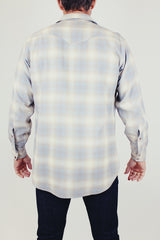 long sleeve vintage men's wool pendleton button up shirt in grey and white plaid print
