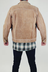 vintage men's long sleeve camel suede jacket with collar and popper buttons