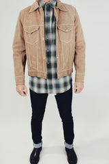 vintage men's long sleeve camel suede jacket with collar and popper buttons