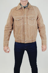 vintage men's long sleeve camel suede jacket with collar and popper buttons
