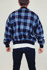 men's vintage long sleeve pendleton wool plaid print button up cardigan in blue plaid