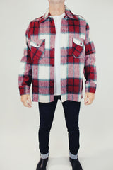 men's vintage long sleeve wool button up jacket with collar and chest pockets in red and white plaid print