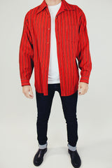 men's vintage wool pendleton long sleeve button up shirt in red with small black and yellow stripes with collar