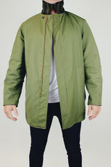 vintage men's wool pendleton long reversible coat one side is solid army green one side is green plaid print