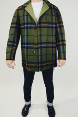 vintage men's wool pendleton long reversible coat one side is solid army green one side is green plaid print