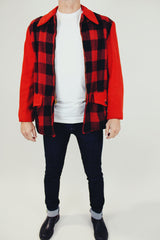 vintage men's buffalo plaid wool zip up jacket in red and black with pockets and collar 1950's