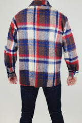 men's vintage wool long sleeve button up shirt jacket in red white and brown plaid