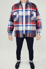 men's vintage wool long sleeve button up shirt jacket in red white and brown plaid
