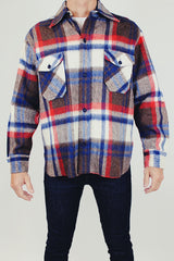 men's vintage wool long sleeve button up shirt jacket in red white and brown plaid