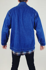 long sleeve men's vintage big mac denim chore jacket with brass buttons and four pockets and collar