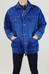 long sleeve men's vintage big mac denim chore jacket with brass buttons and four pockets and collar