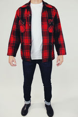 long sleeve men's wool plaid button up jacket in red and black plaid with collar and pockets