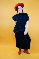 short sleeve midi length black dress with multi colored piping vintage 1980's