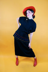 short sleeve midi length black dress with multi colored piping vintage 1980's