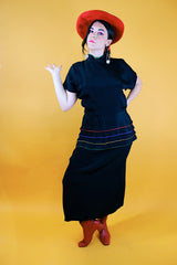 short sleeve midi length black dress with multi colored piping vintage 1980's