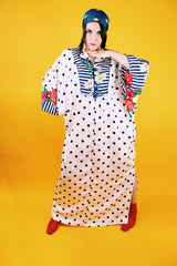 short sleeve floor length vintage white with navy polka dots muu muu nightgown 1980's