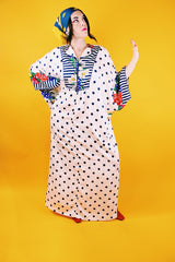 short sleeve floor length vintage white with navy polka dots muu muu nightgown 1980's