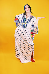 short sleeve floor length vintage white with navy polka dots muu muu nightgown 1980's