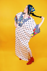 short sleeve floor length vintage white with navy polka dots muu muu nightgown 1980's