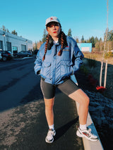 navy blue puffer jacket with black faux fur collar and zipper up the front 1970's vintage