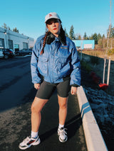 navy blue puffer jacket with black faux fur collar and zipper up the front 1970's vintage