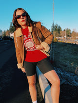 long sleeve brown suede jacket with cream shearling liner and collar zips up the front vintage 1970's