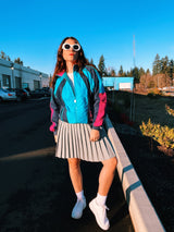 long sleeve vintage adidas 1980's sports track jacket zips up the front navy blue and magenta colors