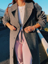 long grey wool pendleton trench coat with tie belt and double lapel