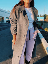 long grey wool pendleton trench coat with tie belt and double lapel