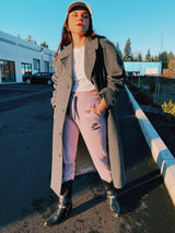 long grey wool pendleton trench coat with tie belt and double lapel