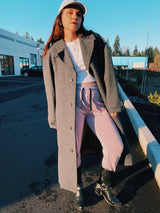 long grey wool pendleton trench coat with tie belt and double lapel