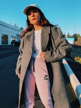 long grey wool pendleton trench coat with tie belt and double lapel