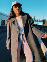 long grey wool pendleton trench coat with tie belt and double lapel