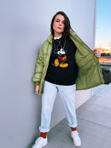 long sleeve pullover sweater in black with felt mickey mouse graphic on front