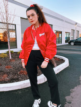 long sleeve red stain bomber jacket with Budweiser logo on chest and on the back vintage