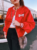 long sleeve red stain bomber jacket with Budweiser logo on chest and on the back vintage
