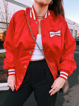 long sleeve red stain bomber jacket with Budweiser logo on chest and on the back vintage