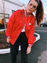long sleeve red stain bomber jacket with Budweiser logo on chest and on the back vintage