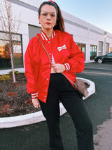 long sleeve red stain bomber jacket with Budweiser logo on chest and on the back vintage