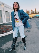 long sleeve heathered grey pullover crew neck sweater with mickey mouse graphic on the front vintage