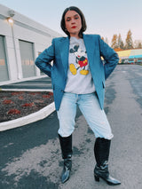 long sleeve heathered grey pullover crew neck sweater with mickey mouse graphic on the front vintage